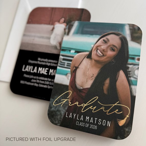 graduation invitation with photo placeholder and gold foil text