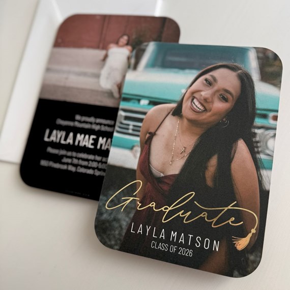 graduation invitation with photo area, rounded corners, gold tassel design