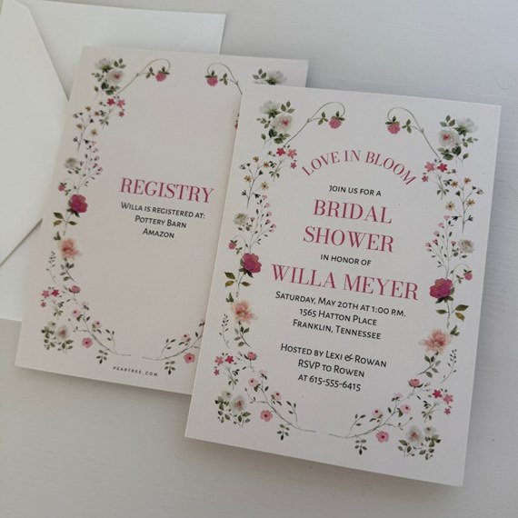 bridal shower invitations with floral design and text sections