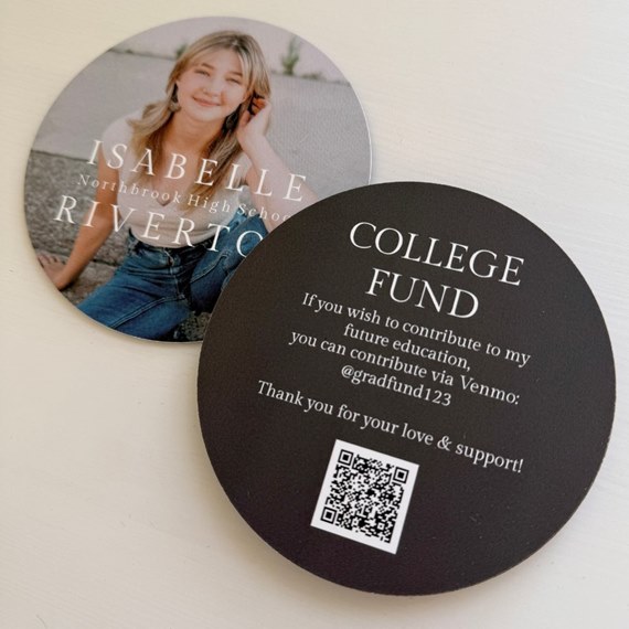 two round cards with photo and text, college fund details