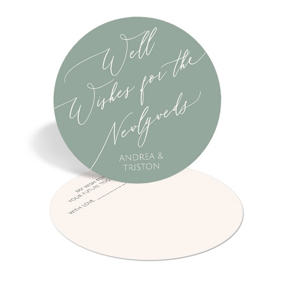 round wedding advice card with script text