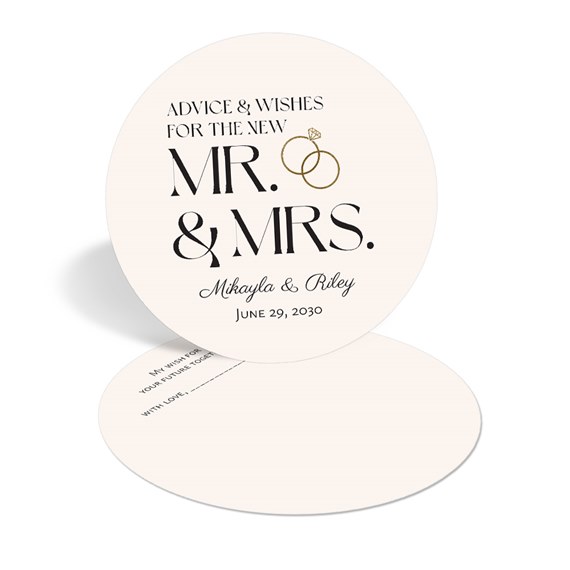 round wedding advice card with text and rings