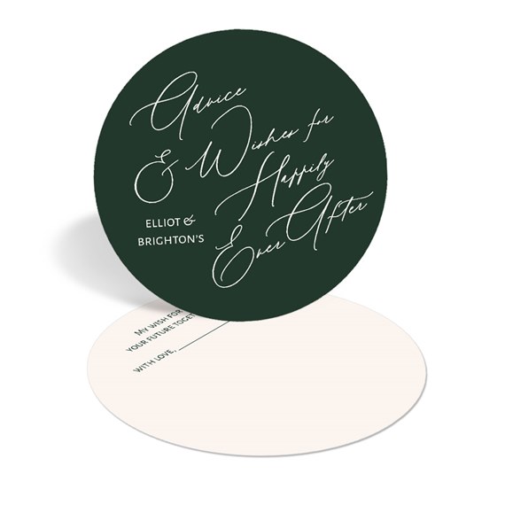 round wedding advice card with dark green background and white text