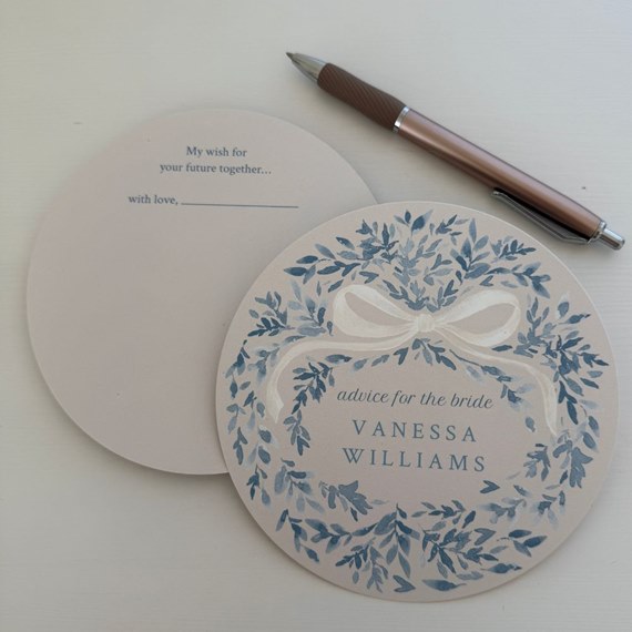 wedding advice card with floral wreath and customizable text area