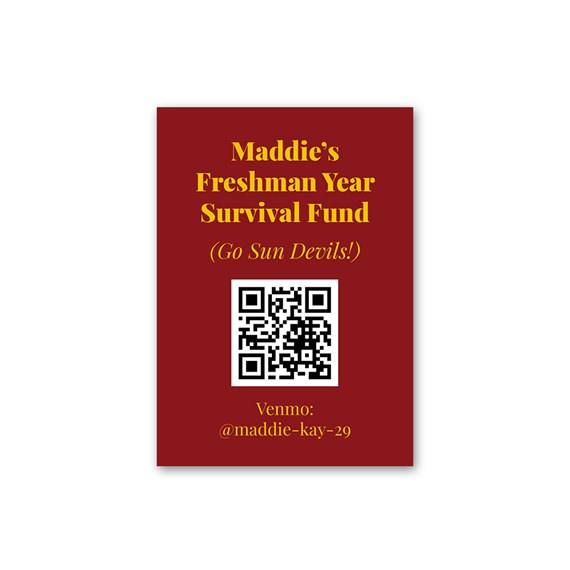 maroon magnet with QR code and text