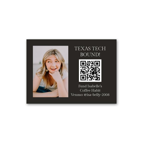 customizable text area, photo placeholder, QR code