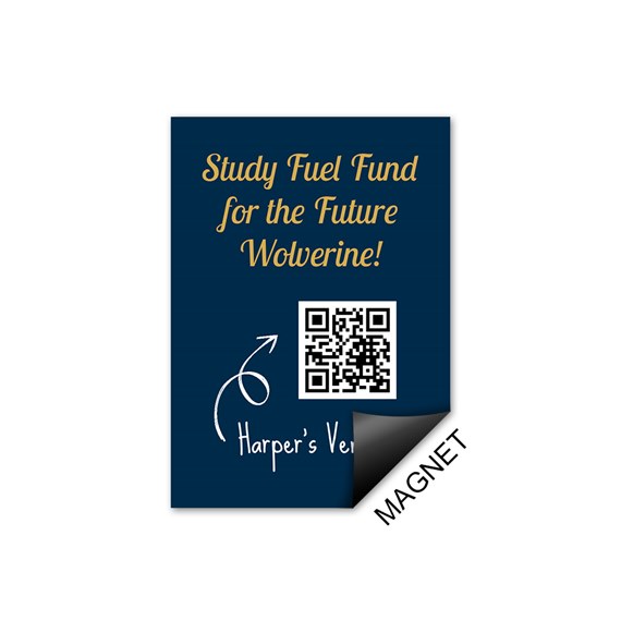 navy blue magnet with text, QR code, and curled corner