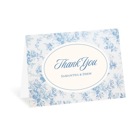 thank you card with blue floral toile design and oval text area