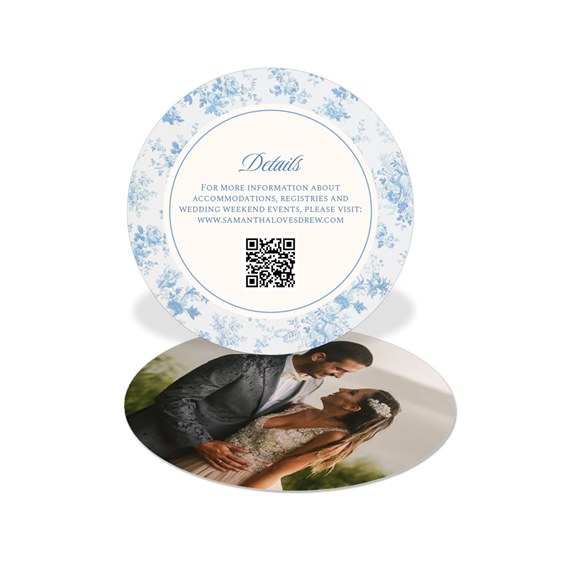 circular wedding insert card with floral border and photo area