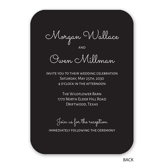 black wedding invitation with script text and details