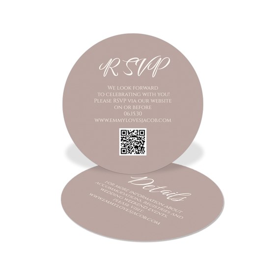 round RSVP card with script text and QR code