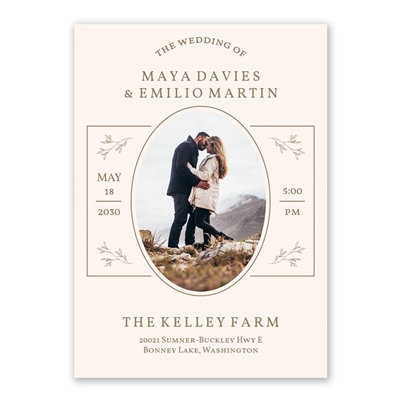 wedding invitation with photo placeholder and floral border