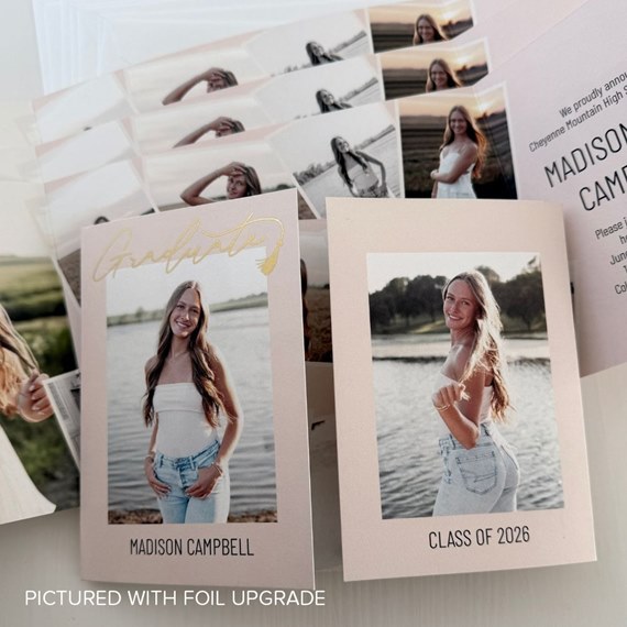 graduation invitation with photo area and gold foil text