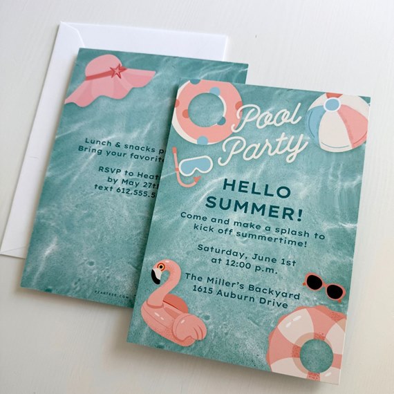 pool party invitation with water background and colorful illustrations