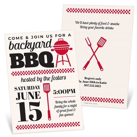 backyard BBQ invitation with grill and utensils