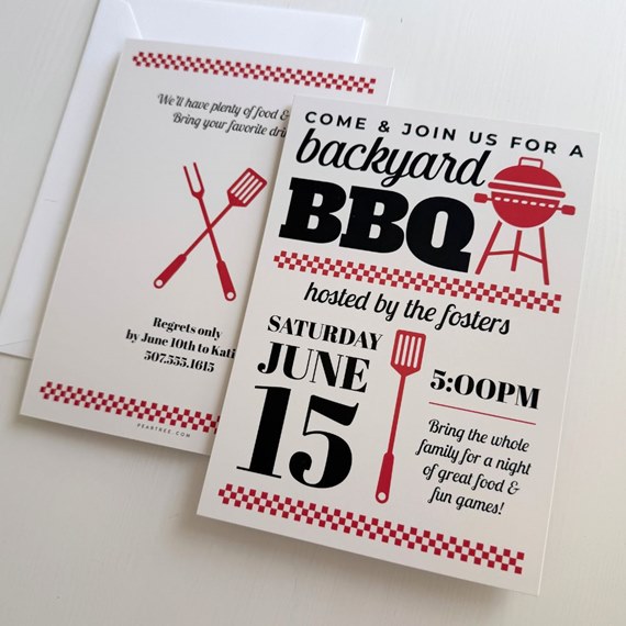 backyard BBQ invitation with grill and utensil graphics