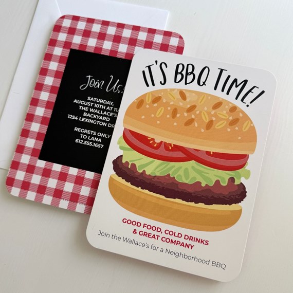 BBQ invitation with burger illustration and checkered border