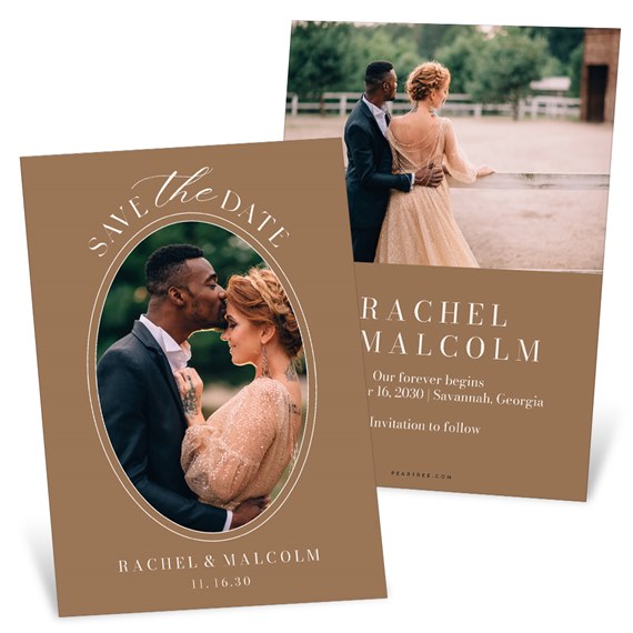 oval photo placeholder, save the date card layout