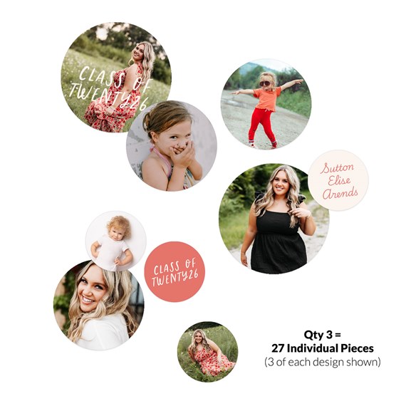graduation confetti design with circular photo placeholders and text