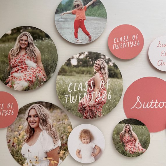 round photo placeholders with text and images