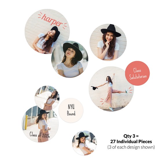 graduation confetti designs with circular photo placeholders