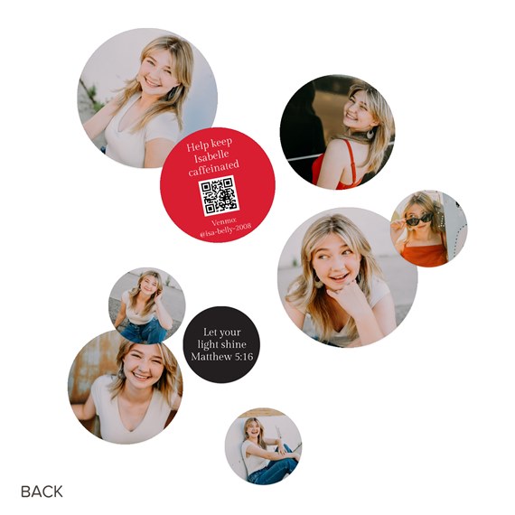collage of circular photo placeholders with text and QR code