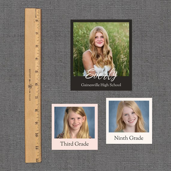 graduation card design with photo placeholders and labels