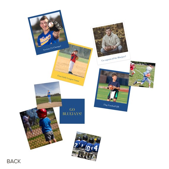 photo placeholders with sports themes, blue and yellow accents