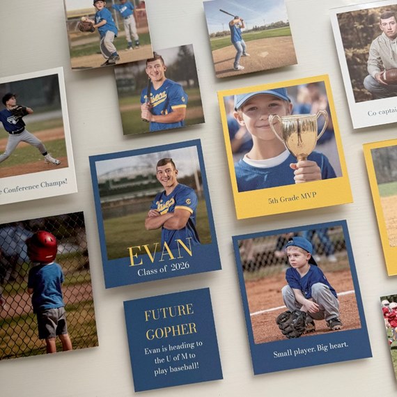 collage of photo cards with baseball themes and captions