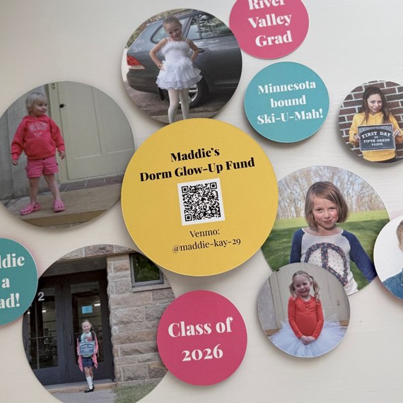 various photo placeholders with colorful text and QR code