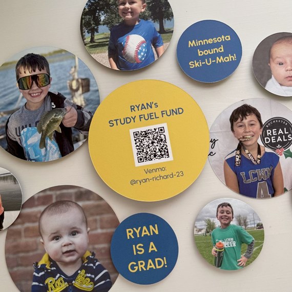 various circular photo stickers with text and QR code