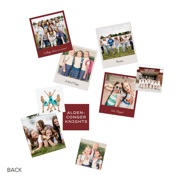 collage of photo placeholders with captions and maroon borders
