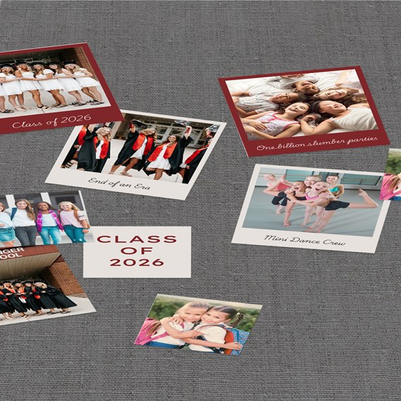 collage of polaroid-style photos with captions on gray background