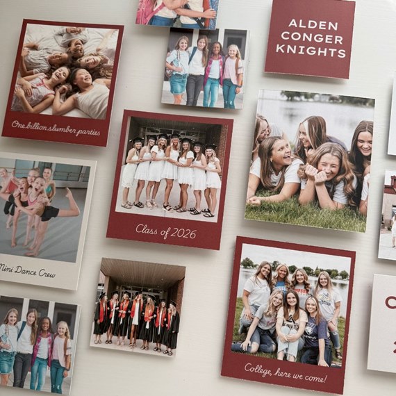 photo collage with captions and maroon borders