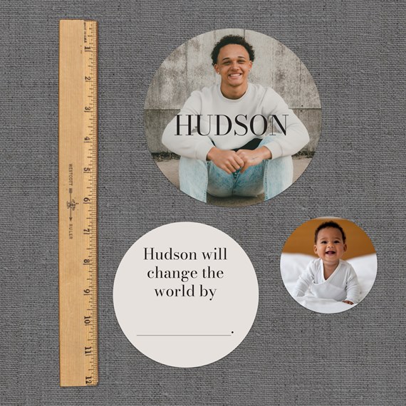three photo placeholders, circular frames, customizable text area