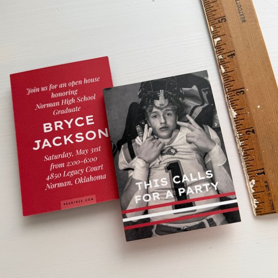 two mini graduation invitations with red text and photo area