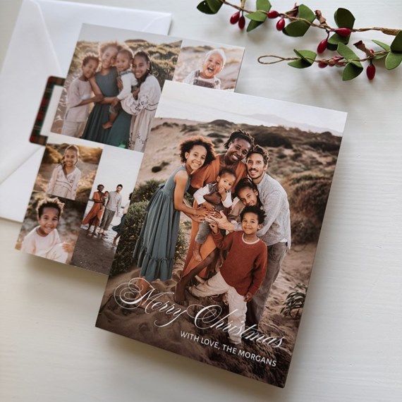 Christmas card with family photo and collage, customizable text area