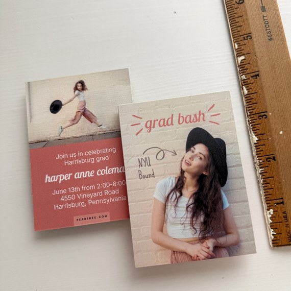 two graduation announcements, photo area, grad bash