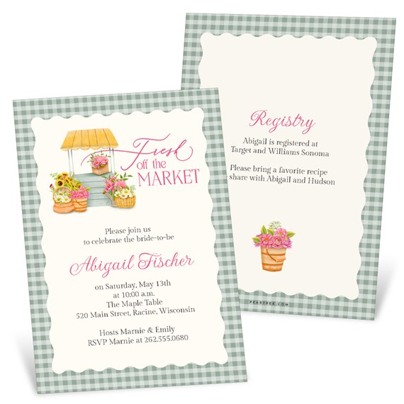 bridal shower invitation with gingham border and floral illustrations