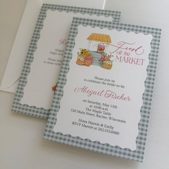 bridal shower invitation with floral market stand illustration and gingham background