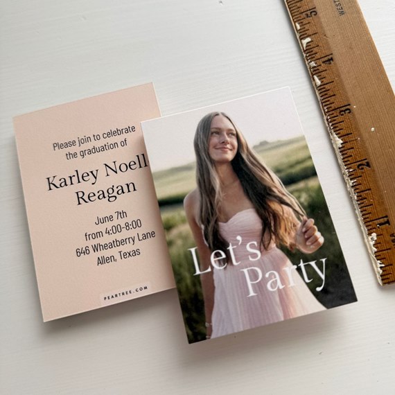 two graduation invitations with photo area and text