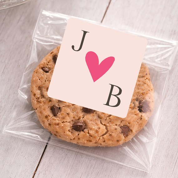 sticker with initials and heart on cookie packaging