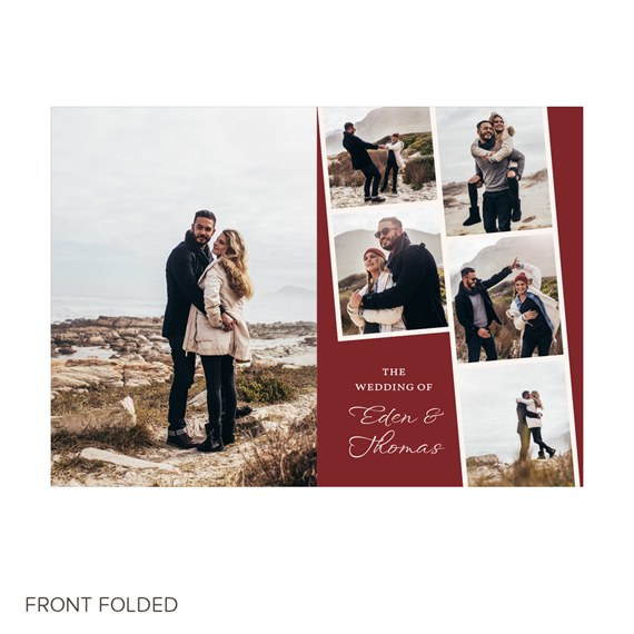 photo placeholders, maroon background, elegant script text