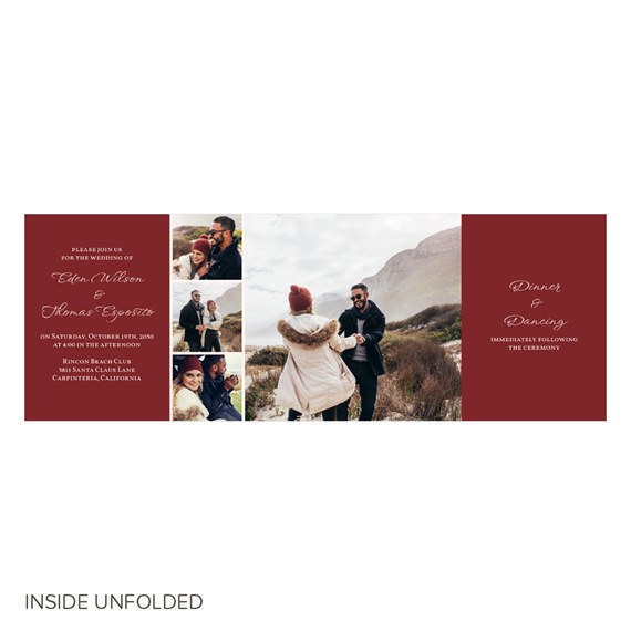 wedding invitation with photo strip and burgundy background