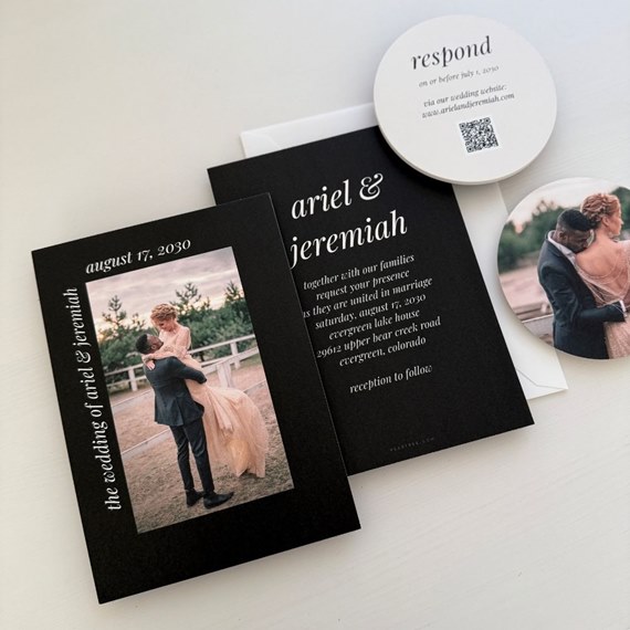 black wedding invitation with photo placeholder and response card