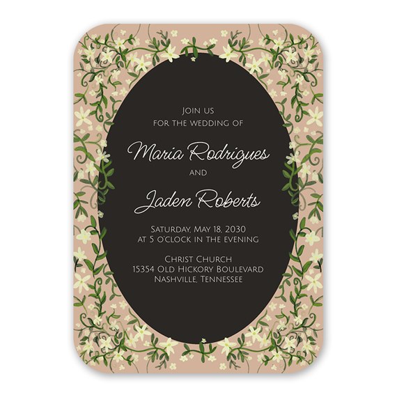 wedding invitation with floral border and black photo area