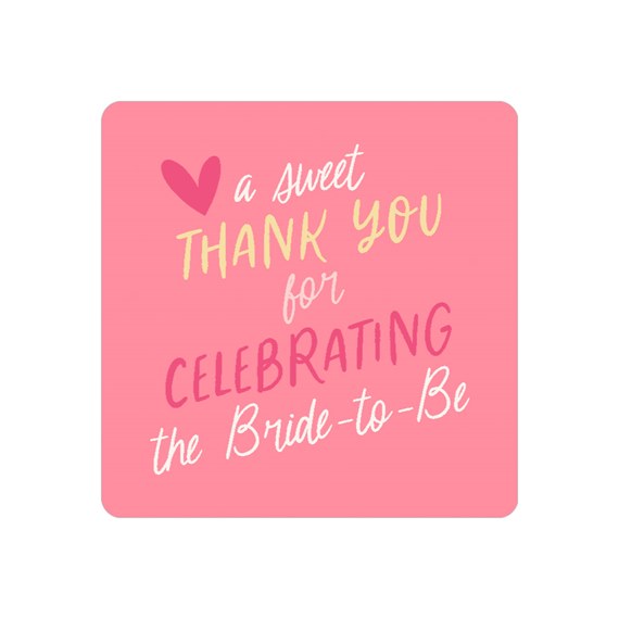 pink thank you sticker with celebratory text and heart