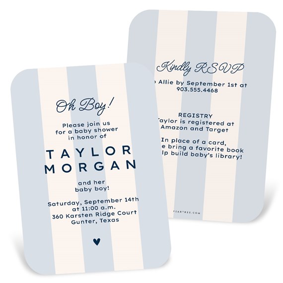 baby shower invitations with blue and cream stripes and text