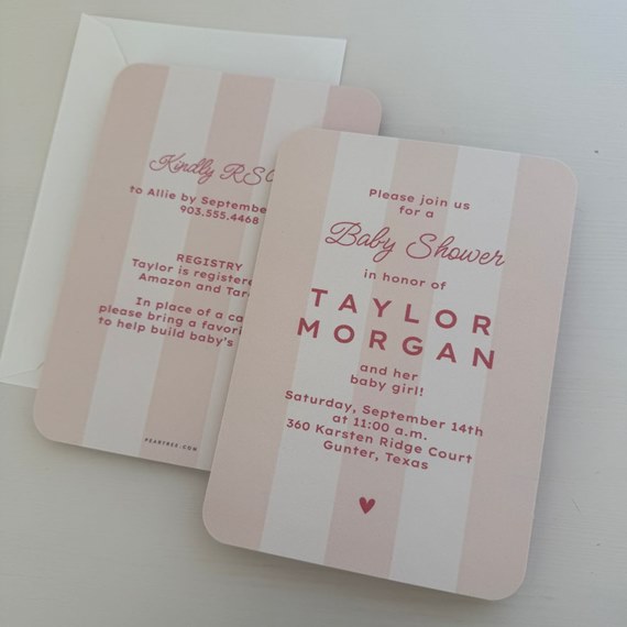 baby shower invitation with pink stripes and text details