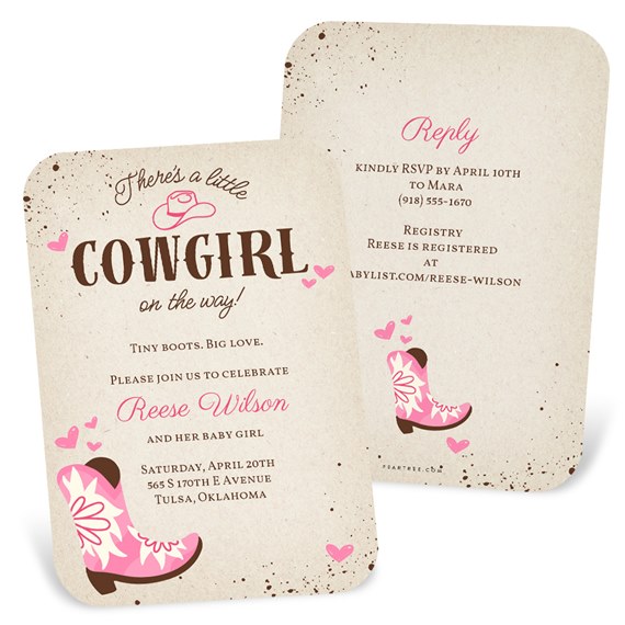 cowgirl baby shower invitation with pink boot illustration and hearts